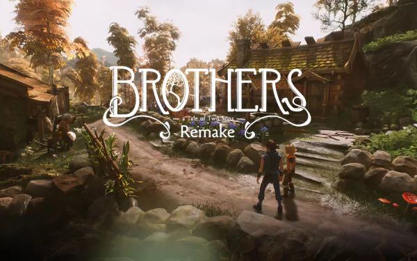 HD wallpaper of Brothers: A Tale of Two Sons Remake featuring two characters in a scenic fantasy setting for desktop background.