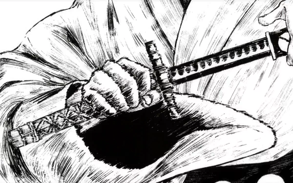 Anime-inspired HD desktop wallpaper featuring a close-up illustration of a character's hands gripping a samurai sword, relating to Monsters: 103 Mercies Dragon Damnation theme.