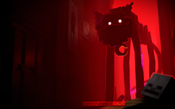 HD desktop wallpaper featuring CatNap from Poppy Playtime with a menacing silhouette in a red-lit room, creating a spooky atmosphere, ideal for fans of the video game.