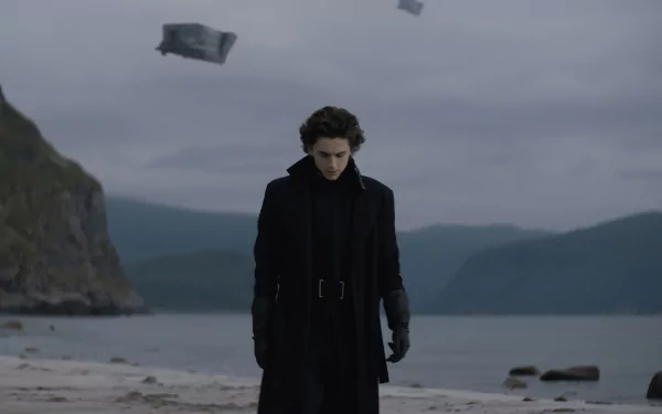 HD desktop wallpaper featuring a scene from the movie Dune (2021) with a character walking on a gloomy beach, with ships hovering in the sky.