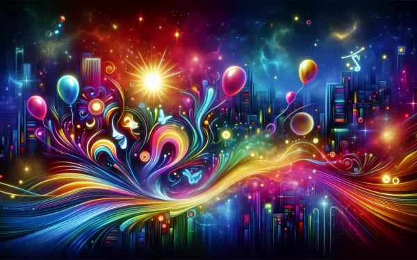 Vibrant abstract HD wallpaper exuding happiness with colorful swirls, balloons, and sparkling cityscape background.