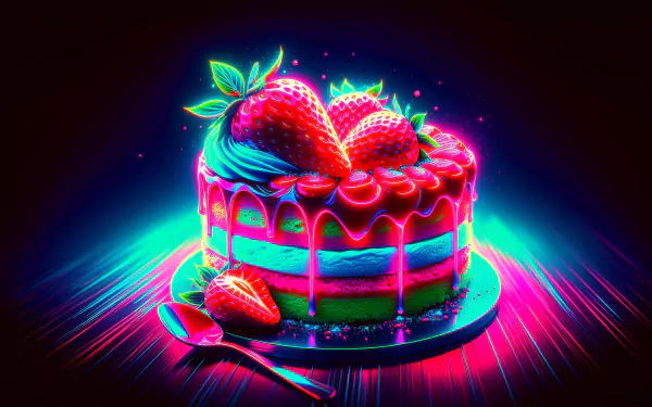 Vibrant HD wallpaper featuring a neon-lit strawberry cake with dripping icing on a dynamic blue and red gradient background.