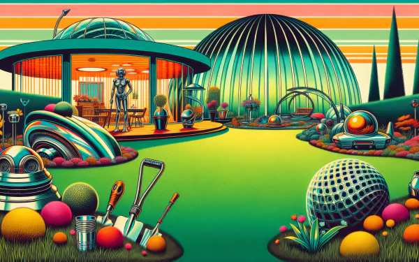 HD desktop wallpaper featuring a stylized lawn with futuristic elements and colorful design.