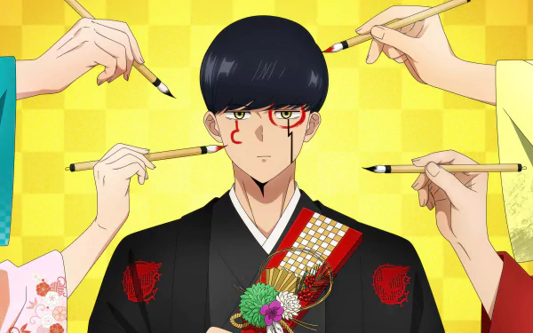Anime character Mash Burnedead from Mashle: Magic and Muscles against a yellow background, HD desktop wallpaper.