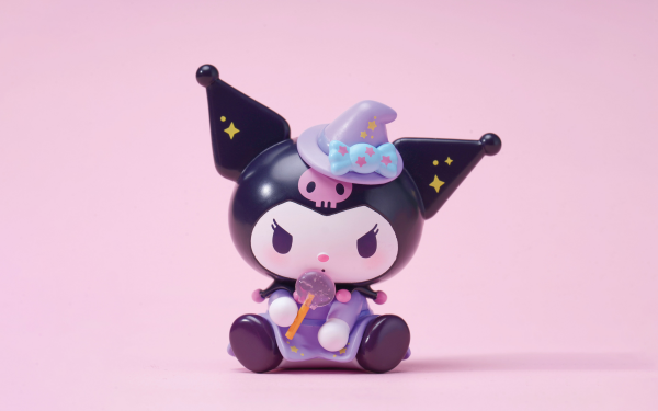 Kuromi figurine from Onegai My Melody posed in front of a pink background, HD wallpaper for desktop.