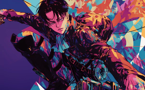 HD wallpaper featuring Levi Ackerman from Attack on Titan with a dynamic, colorful abstract background.
