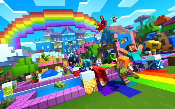 Colorful HD Minecraft video game wallpaper featuring characters and rainbow in a vibrant blocky landscape.