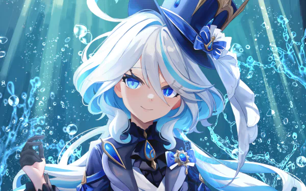 HD wallpaper featuring Furina from Genshin Impact video game with a dynamic underwater theme for desktop background.