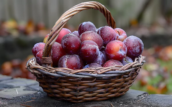 A close-up of a basket filled with fresh, dew-covered plums, set against a blurred autumn background, creating a vibrant HD desktop wallpaper and background.