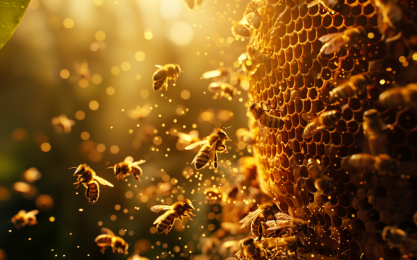HD wallpaper of a beehive with bees in golden light, suitable for desktop background.