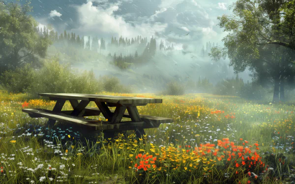 HD wallpaper of a picturesque wooden picnic table in a vibrant meadow with colorful wildflowers, trees, and misty mountains in the background.