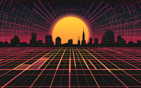 Retro-futuristic sunset cityscape with grid lines for HD desktop wallpaper.