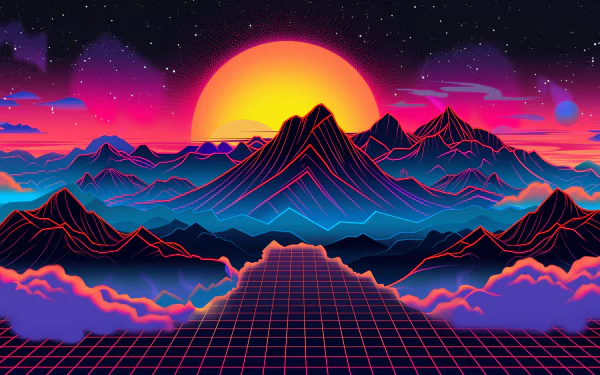 A vibrant retro HD desktop wallpaper featuring stylized mountains under a bright sunset, set against a cosmic backdrop with clouds and a grid pattern.