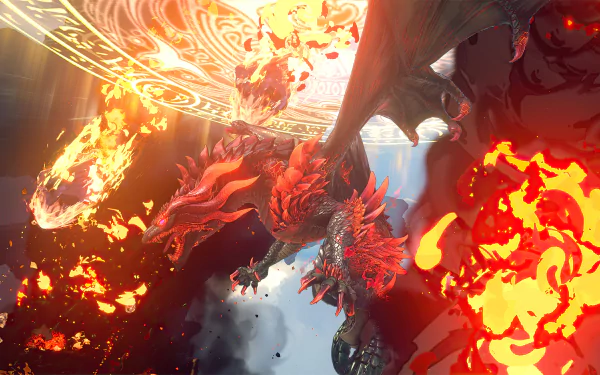 HD desktop wallpaper featuring dynamic battle scene from Granblue Fantasy: Relink video game with vibrant fire dragon.