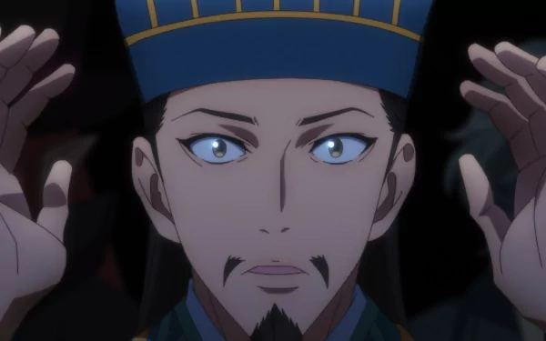 HD wallpaper of Kongming Zhuge from anime Ya Boy Kongming! with a focused expression, poised against a dark background.