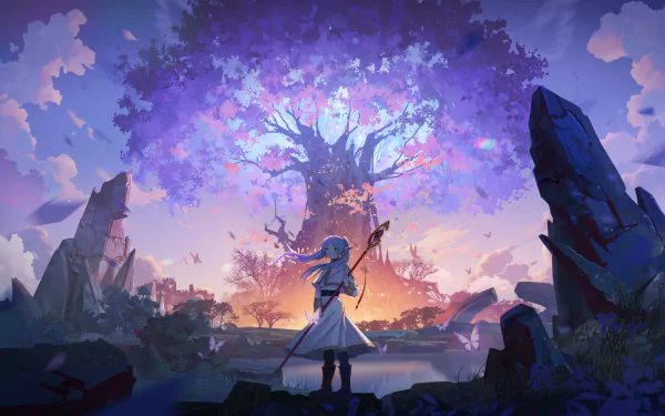 A high-definition desktop wallpaper featuring Frieren from Frieren: Beyond Journey's End, standing before a magnificent, glowing tree with a vibrant purple canopy in a dreamy, twilight landscape.