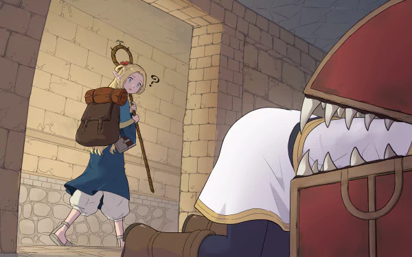 Anime crossover HD wallpaper featuring characters from Delicious in Dungeon and Frieren: Beyond Journey's End exploring a stone-walled dungeon corridor.