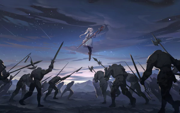 Anime-style HD PC desktop wallpaper from Frieren: Beyond Journey's End, depicting Frieren in mid-air surrounded by armored foes under a dusky sky.