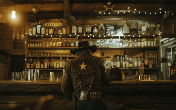A sheriff with a star badge sits at the bar in a vintage saloon, creating an atmospheric HD desktop wallpaper with a Western theme.