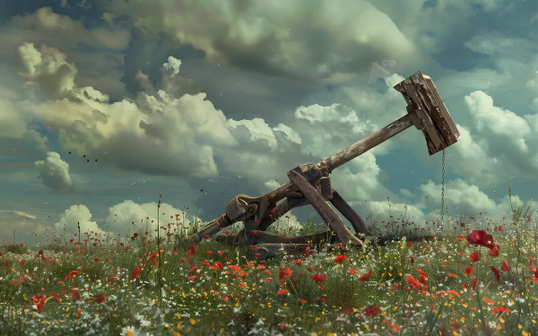 HD desktop wallpaper featuring an ancient catapult in a vibrant field of red and white flowers under a dramatic cloudy sky, with tags: catapult, wallpaper, background.