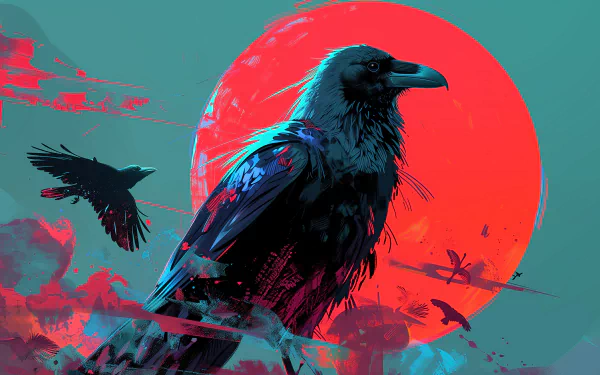 Stylish HD wallpaper featuring a detailed illustration of a black crow with a vivid red moon background, perfect for desktop and background use.