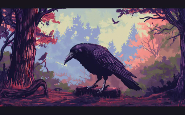 HD desktop wallpaper featuring a stylized black crow in a colorful forest background.