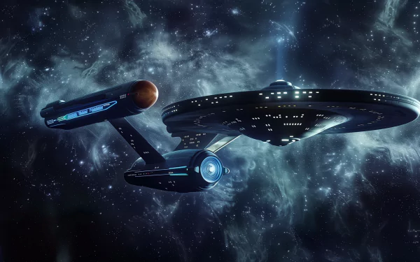 HD desktop wallpaper featuring the USS Enterprise soaring through a starry space background.