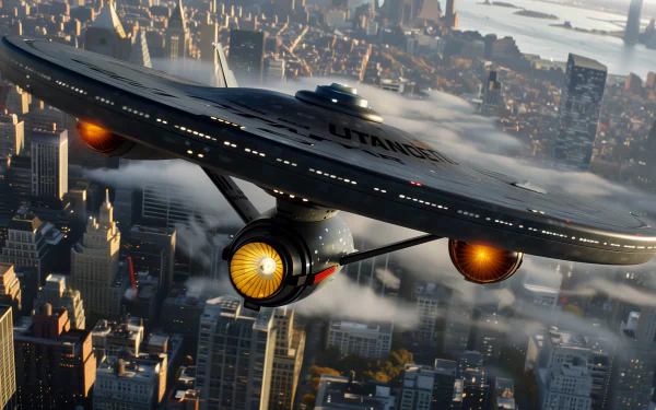 HD wallpaper featuring the USS Enterprise soaring over a bustling cityscape, with clouds and dramatic lighting enhancing the iconic starship's design.
