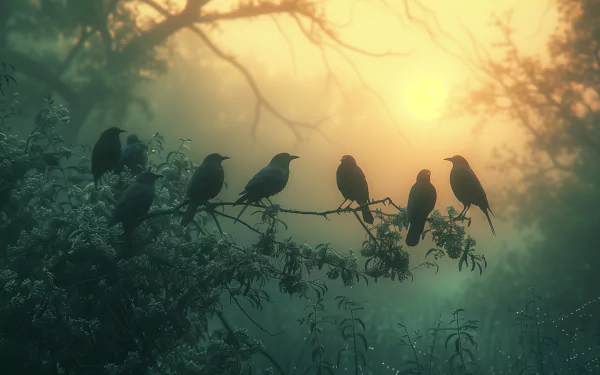 Silhouette of black birds perched on tree branches against a misty sunrise – HD desktop wallpaper and background.