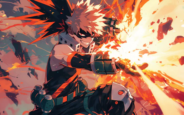 Katsuki Bakugou from My Hero Academia anime unleashing power in an explosive HD desktop wallpaper.