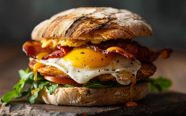HD wallpaper of a delectable breakfast sandwich with crispy bacon, a runny egg, and fresh greens, perfect for a breakfast theme desktop background.