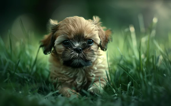 Cute Shih Tzu puppy lying in the grass, HD desktop wallpaper and background.