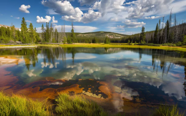 Stunning HD wallpaper featuring a serene Yellowstone lake landscape with a reflection of the sky and surrounded by lush nature.