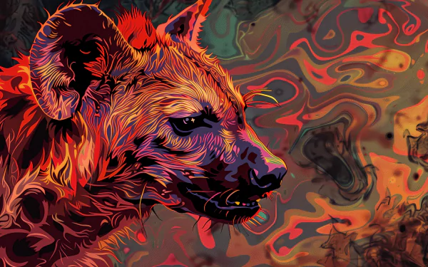A vibrant HD desktop wallpaper featuring a detailed artistic representation of a hyena, showcasing bold colors and fluid patterns in the background.