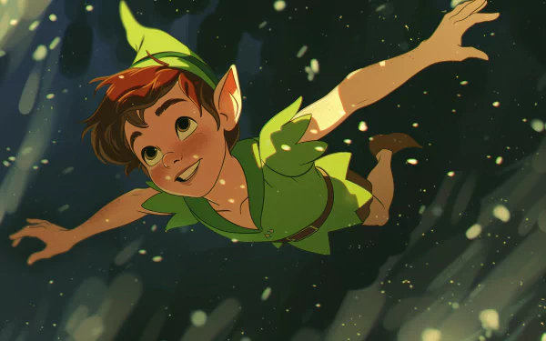 A vibrant HD desktop wallpaper featuring Peter Pan, joyfully soaring through a magical scene filled with sparkling lights and a sense of adventure.