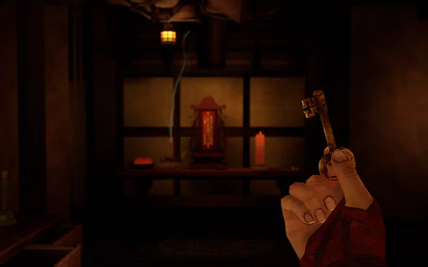 HD wallpaper from 'The Pirate Queen: A Forgotten Legend' video game depicting a first-person view of a hand holding a key, with a dimly lit room featuring shelves, an oriental lantern, and candles in the background.