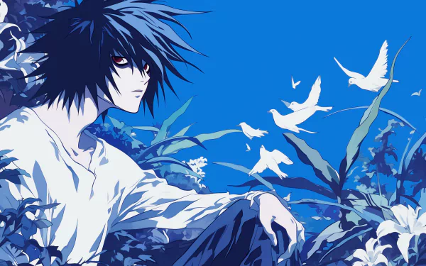 HD desktop wallpaper featuring the character L from the anime Death Note, with blue artistic background and white birds.