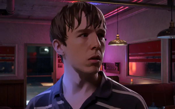 HD wallpaper of a character from the video game 'As Dusk Falls', set in a dimly lit diner interior.