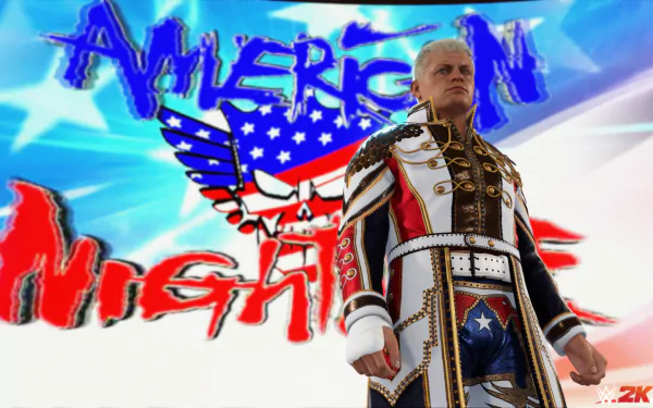 HD WWE 2K24 video game desktop wallpaper featuring a wrestler in elaborate attire with American-themed graphics in the background.