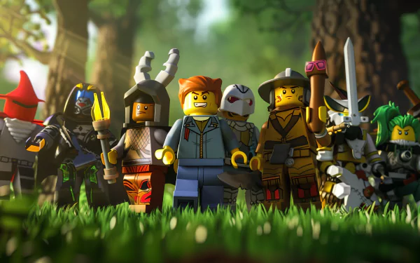 HD Roblox-themed desktop wallpaper featuring a group of Roblox characters equipped with fantasy armor and weapons in a forest setting.
