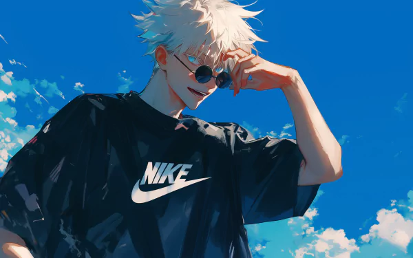 Anime-inspired HD wallpaper featuring Satoru Gojo from Jujutsu Kaisen, sporting a Nike shirt against a vibrant blue sky with clouds.