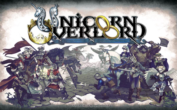 HD desktop wallpaper featuring artwork from the video game Unicorn Overlord with characters in battle poses.