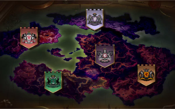 HD wallpaper of Unicorn Overlord video game featuring strategic map with colorful faction crests.