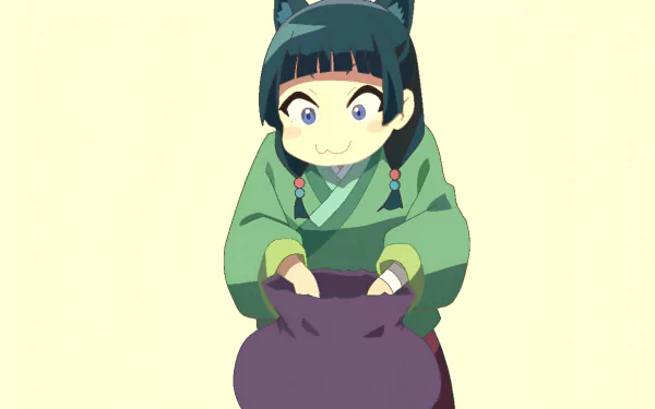HD anime PC wallpaper featuring Maomao from The Apothecary Diaries, depicted in a green outfit holding a large purple bag with a neutral background.
