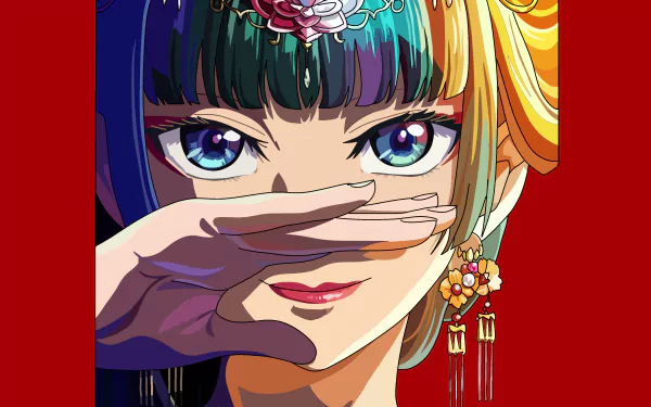 HD anime desktop wallpaper featuring Maomao from The Apothecary Diaries with vibrant multicolored hair and intricate floral hair accessories against a bold red background.