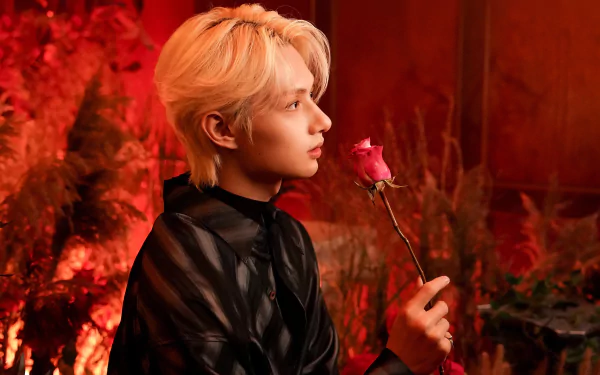 Singer with blonde hair holding a red rose, in a moody, red-lit room, as a high-definition desktop wallpaper related to music.