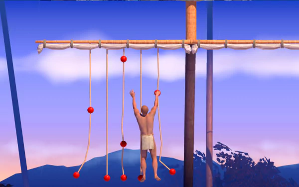 A challenging HD desktop wallpaper from A Difficult Game About Climbing, featuring a character climbing a rope structure against a vibrant sunset backdrop.