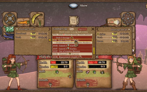 HD desktop wallpaper of Backpack Battles video game showing character stats and inventory in a stylized user interface.