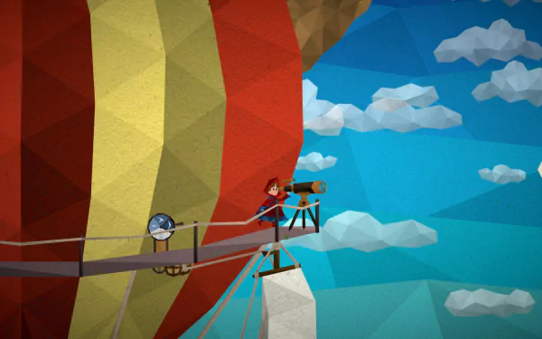 High-definition desktop wallpaper from the video game 'Passing By - A Tailwind Journey,' featuring a stylized character on a bridge with a vibrant geometric landscape and blue sky with clouds in the background.