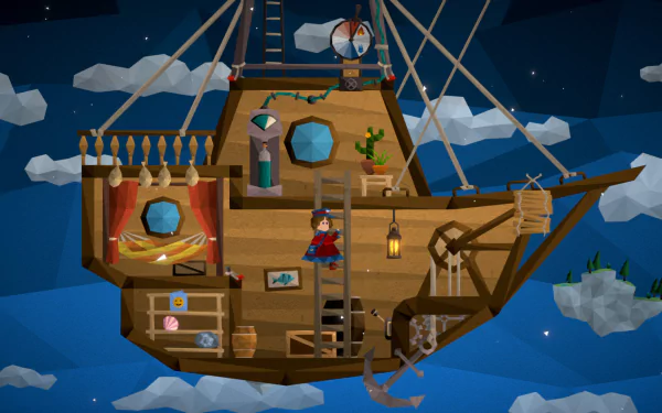 HD desktop wallpaper featuring a scene from the video game Passing By - A Tailwind Journey with a character aboard a fantastical flying ship soaring through a starry night sky surrounded by floating islands.
